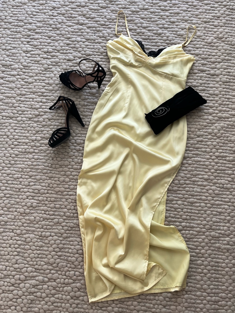NWT’s Beginning Boutique Pale Yellow Satin Maxi Dress